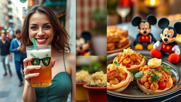 Collage of vegan dining, Mickey toys, and a woman in NYC.
