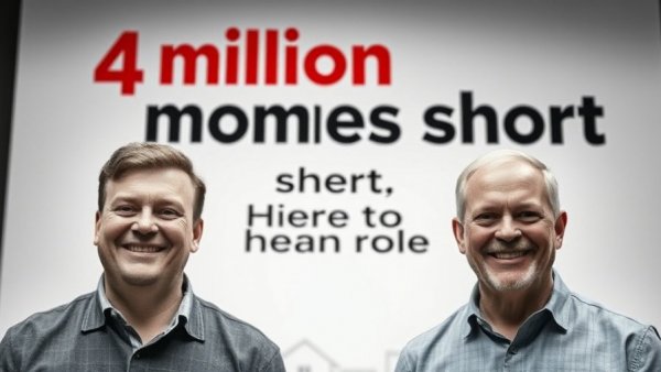 Two men with housing graphic and text on housing shortage.