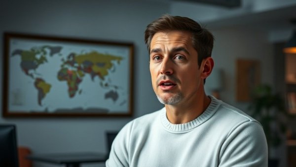 Man discussing investment strategies in an office setting, investor's wall.