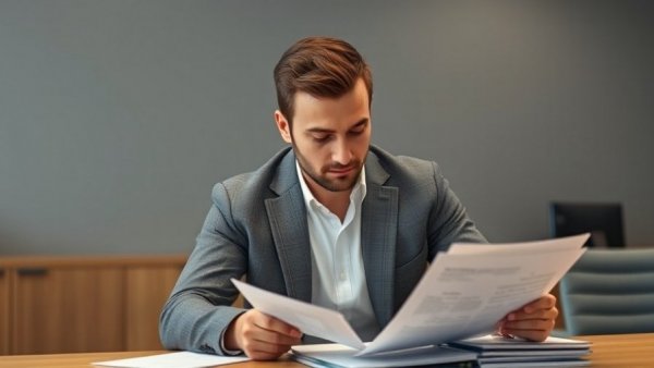 Man in office reading an appraisal report intently.