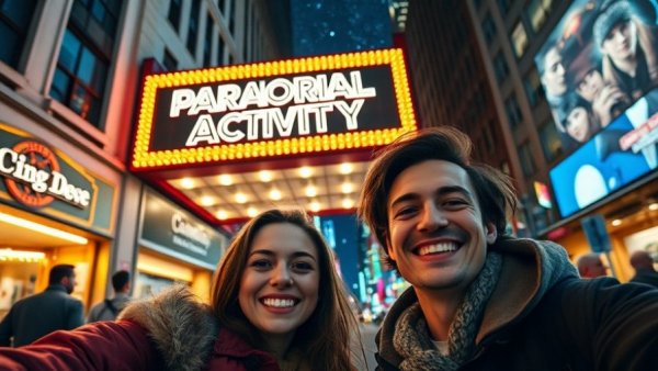 Chelsea Market and Paranormal Activity in NYC at night with marquee.
