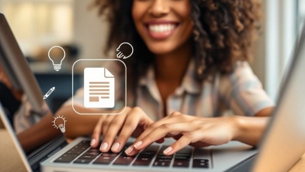 Cheerful woman and icons over keyboard, real estate email newsletters context.