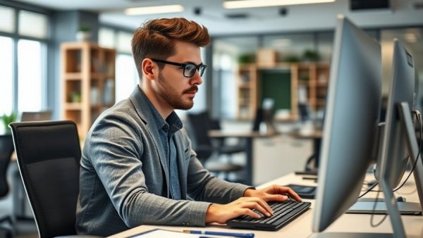 Young professional using computer in modern office, corporate communication.