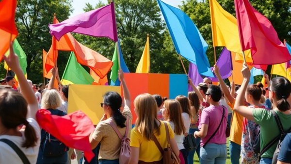 Protesters with colorful flags and banners in a vibrant outdoor rally.