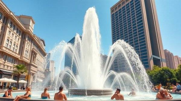 Urban fountain in one of the hottest states in the U.S., surrounded by buildings and greenery.