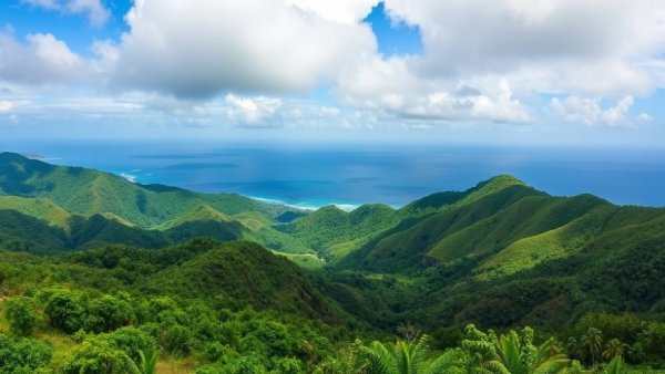 Scenic view of lush greens and ocean in the distance