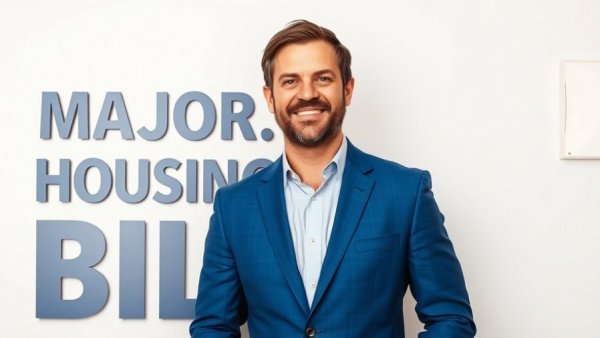 Smiling individual in blue suit with H.R. 6644 housing bill text.