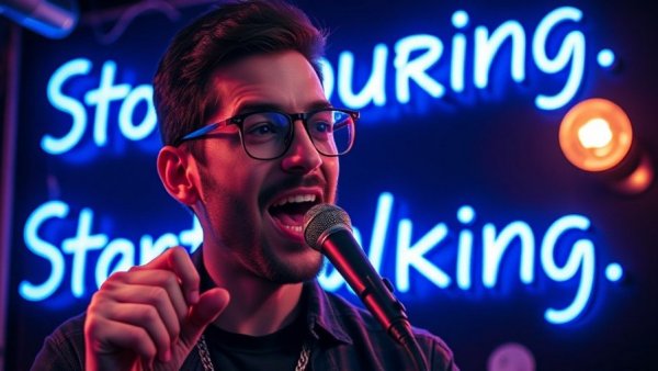 Man speaking into a microphone with neon sign about first impressions.