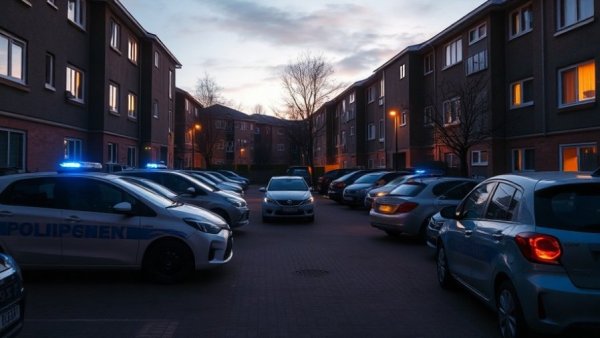 Residential courtyard with blue-white police cars during King Charles III's visit to Guyana.