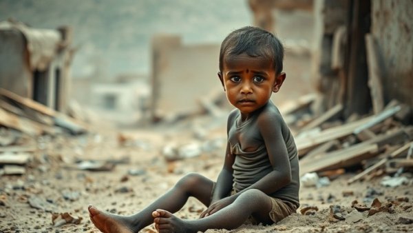 Hunger Crisis in DRC: Emaciated child in war-torn village.