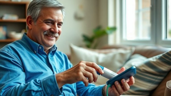 New York disability police accommodations, man with device smiling.