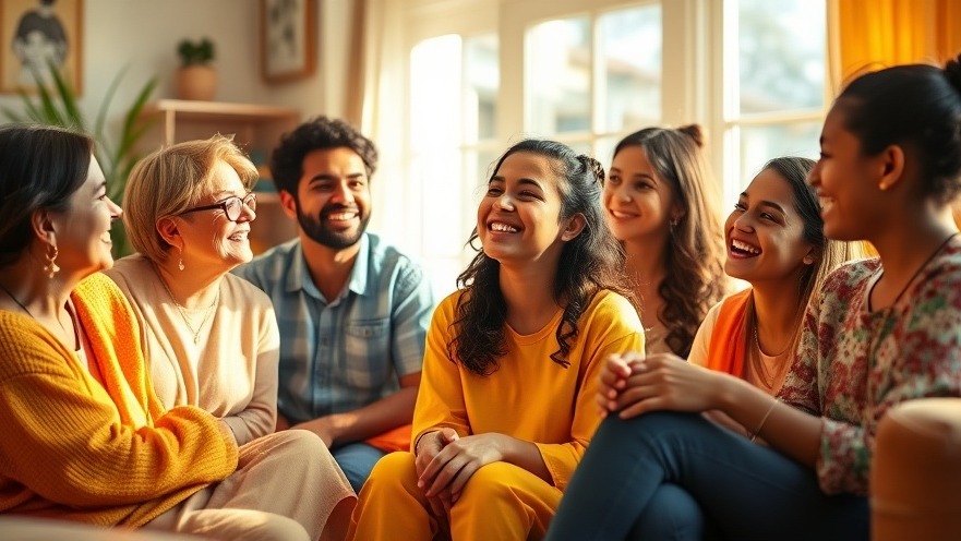 Joyful friends enjoying Chutney music in a vibrant Caribbean living room.