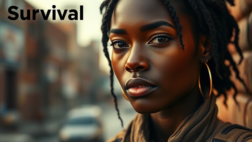 Close-up of a resilient black female against an urban backdrop, embodying street survival.