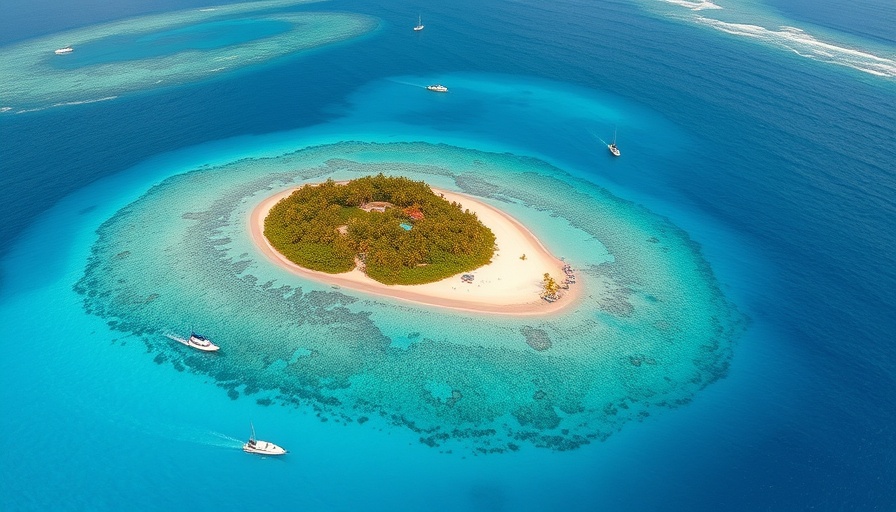 Aerial view of Big Shell Island Beach Getaway with boats in vibrant waters.