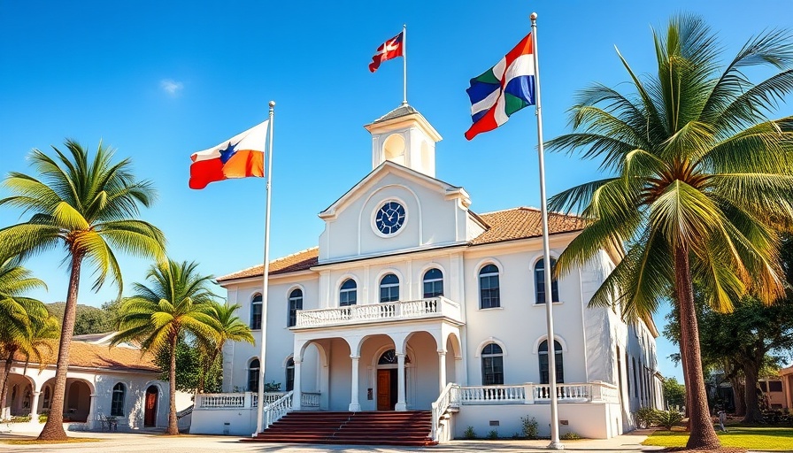 Charming courthouse in Saint Martin with flags and palm trees.