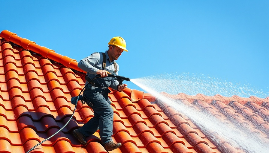 House exterior cleaning with a worker power washing a roof.