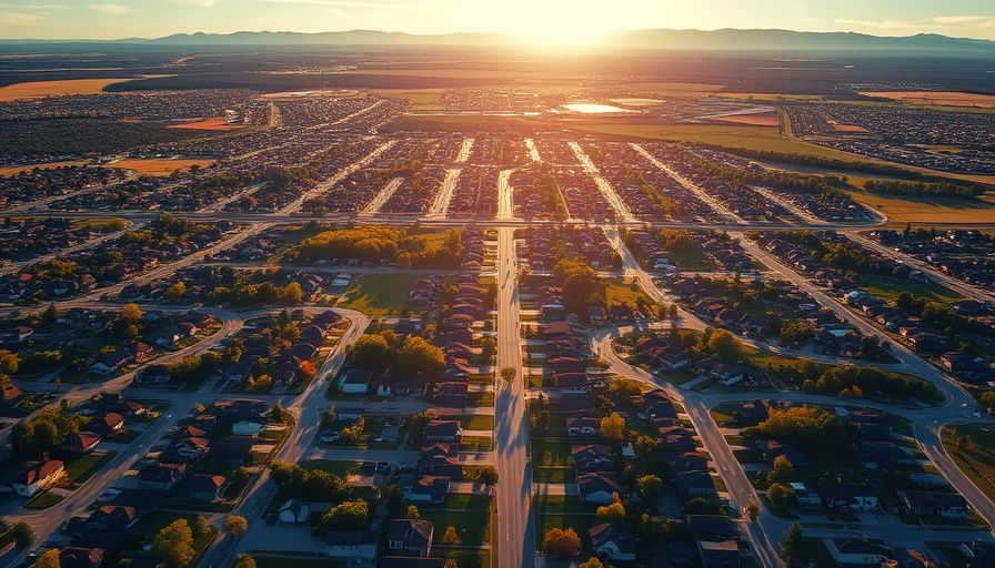 Aerial view of Meridian Idaho suburb with distant mountains.
