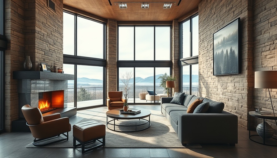 Luxury home features include a stunning stone-walled living room with scenic views.