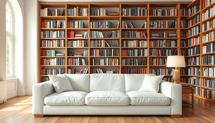 Cozy at-home library with a white sofa and large bookshelves.