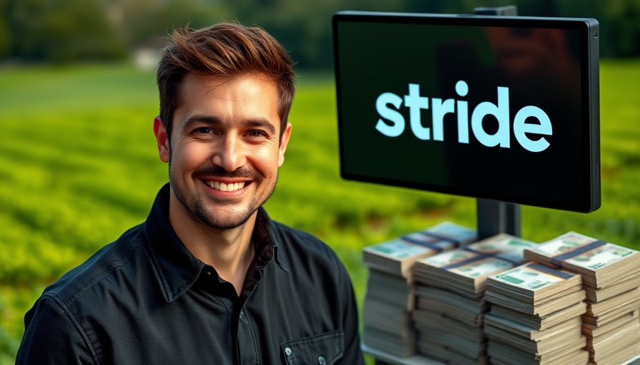 Confident man with stride logo, symbolizing business flexibility.