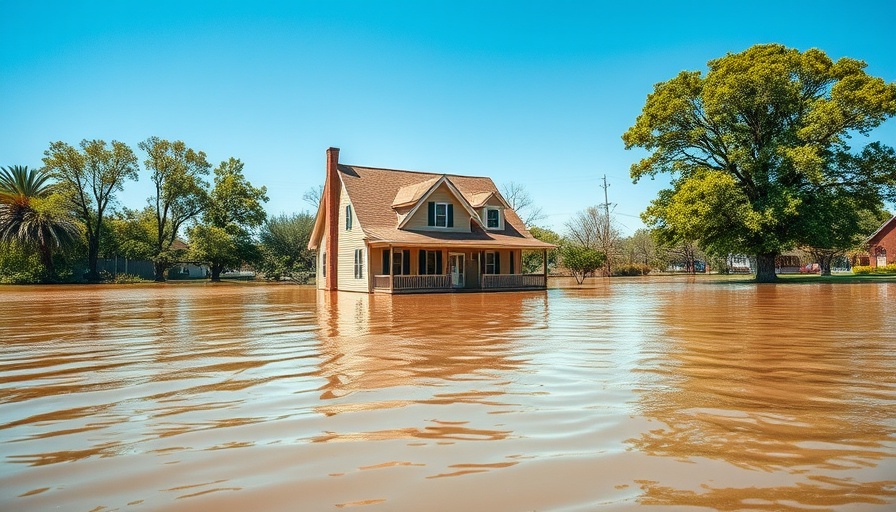 Flooded property with warning sign indicating risk zone.