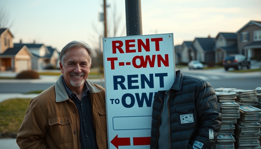 Illustration of rent-to-own model with two men, sign, money.