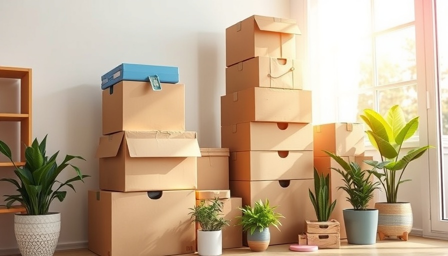 Essential moving supplies in sunny room with boxes and plants.