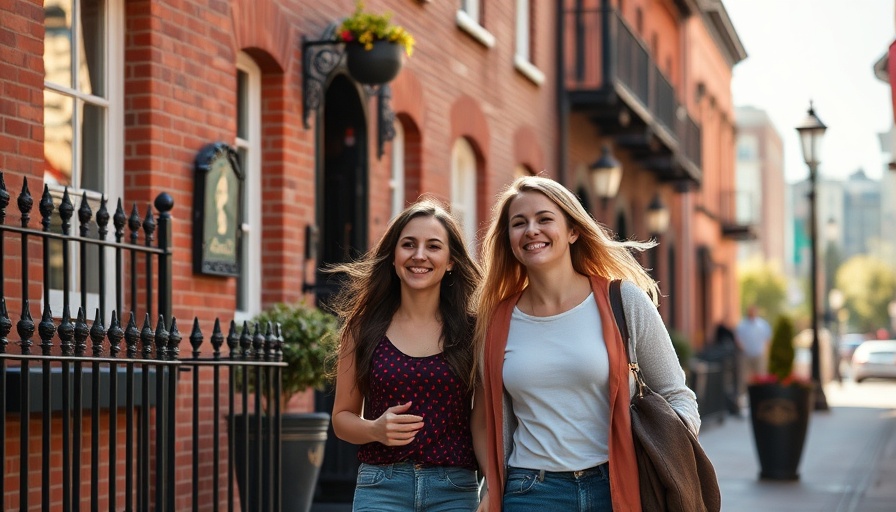 Two friends walking in a city street with red brick buildings.
