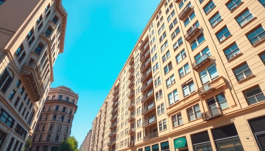 Classic city apartment buildings under a clear blue sky.