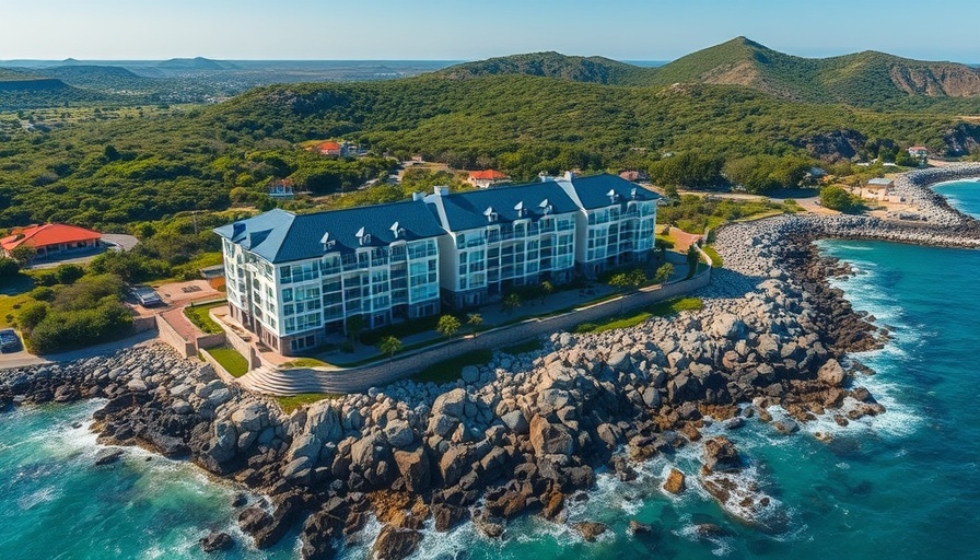 Aerial view of Hamptons hotel condos with blue roofs by the coast.