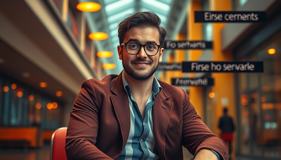 Humorous retro styled man in colorful setting for community change awareness.