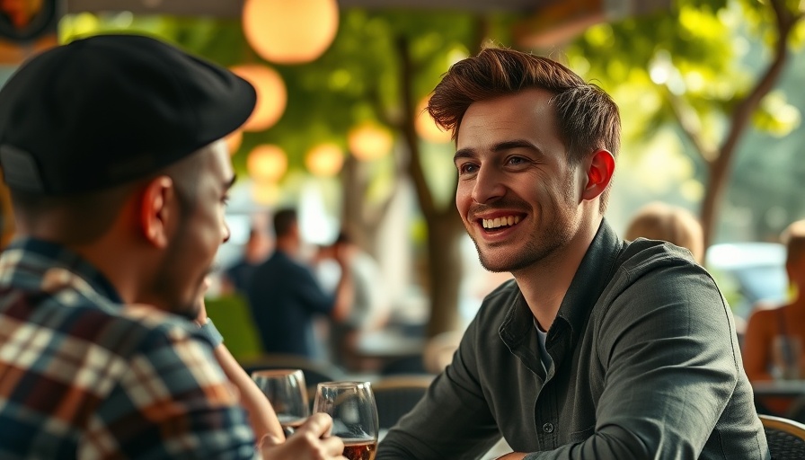 Young man discussing real estate in lush outdoor setting.