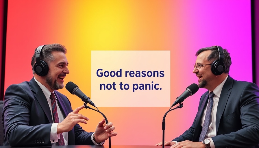 Two podcast hosts discussing recession, tariffs, and real estate, vibrant graphic.