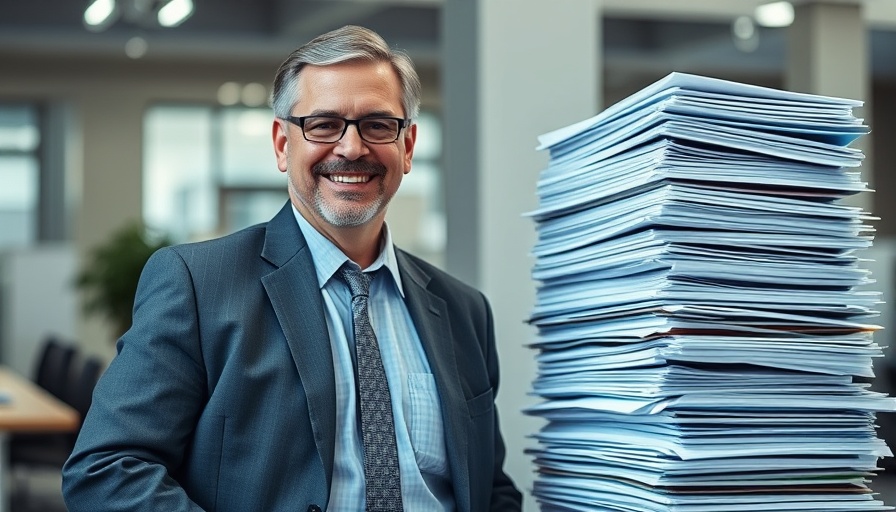 Setting up bookkeeping for a new business tutorial image with man and documents.