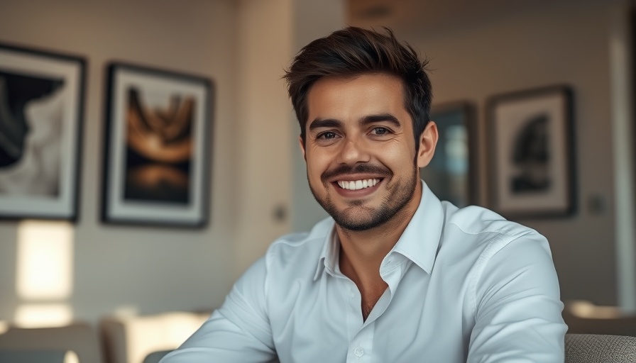 Confident man smiling, seated indoors, modern interior setting.