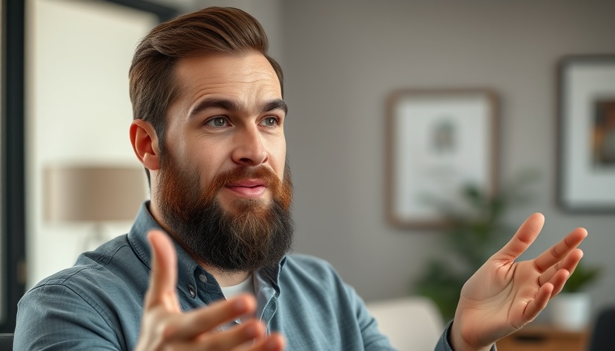 Engaging bearded man discussing closing real estate deals indoors.