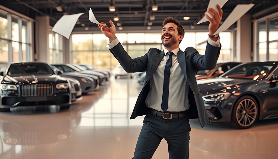 Dynamic businessman indoors in a car showroom celebrating.