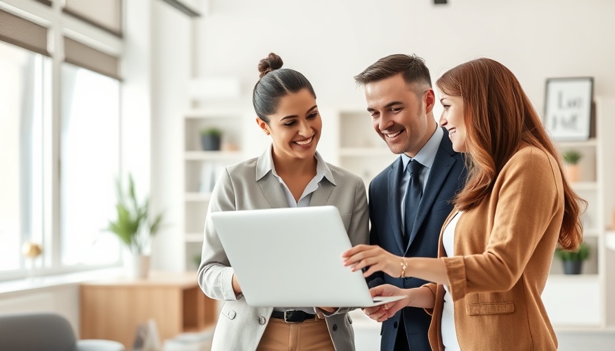 Professionals discussing real estate management insights in modern office.