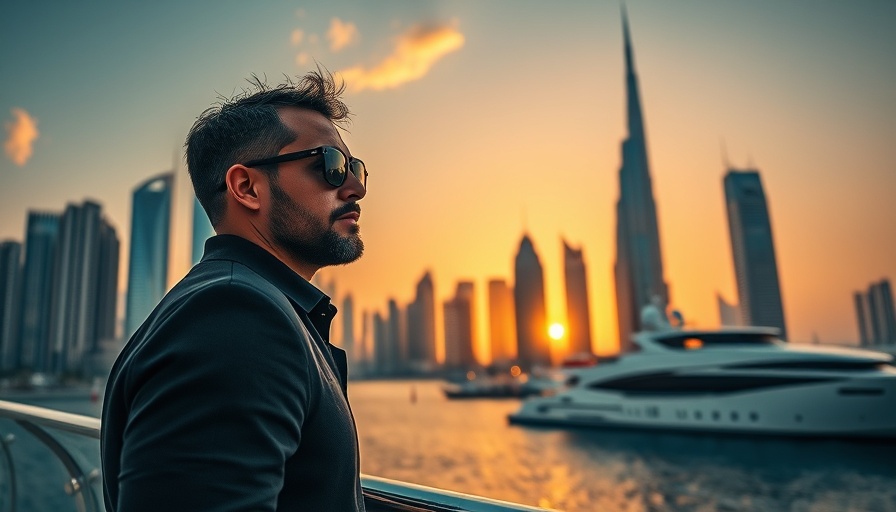 Dubai luxury mansions backdrop with skyline and yacht