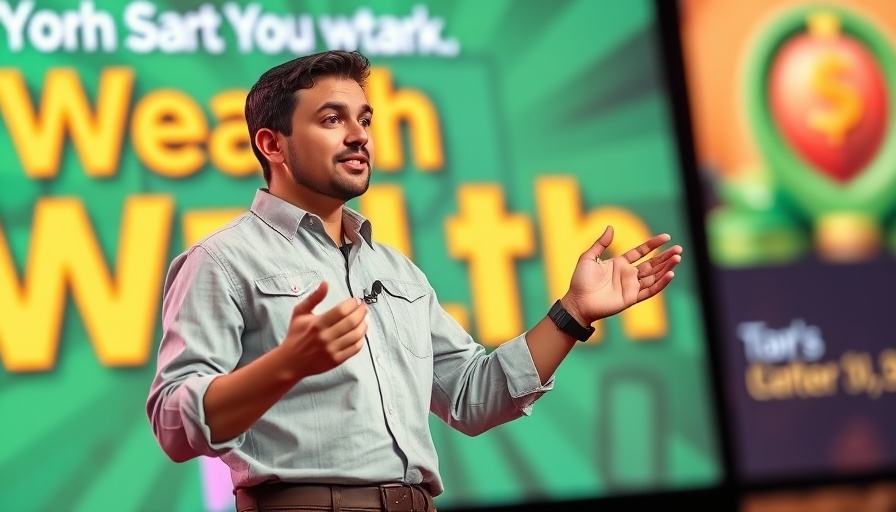 Speaker discussing wealth mindset at a vibrant conference.