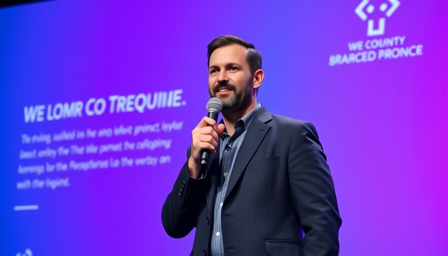 Confident speaker discussing 'Transforming Clicks into Capital' at a conference.