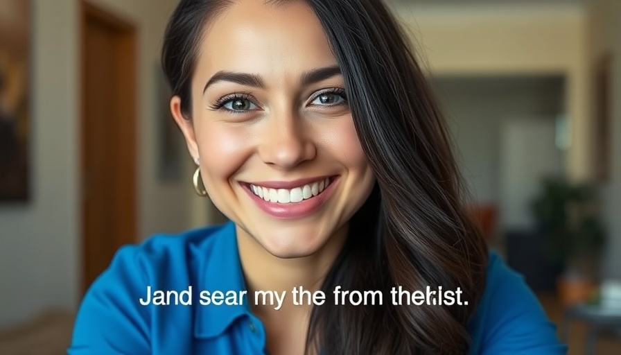 Smiling woman with text overlay, vibrant colors indoors.