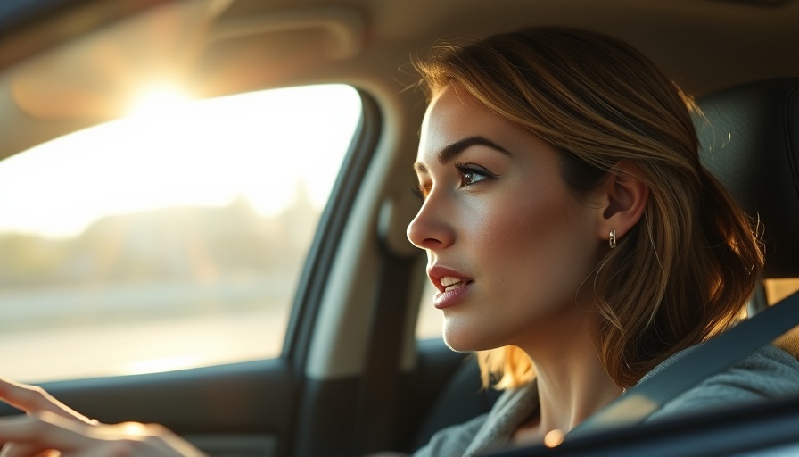 Woman sharing insights in a car, casual setting.