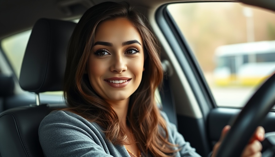 Brunette woman filming in her car, casually speaking.
