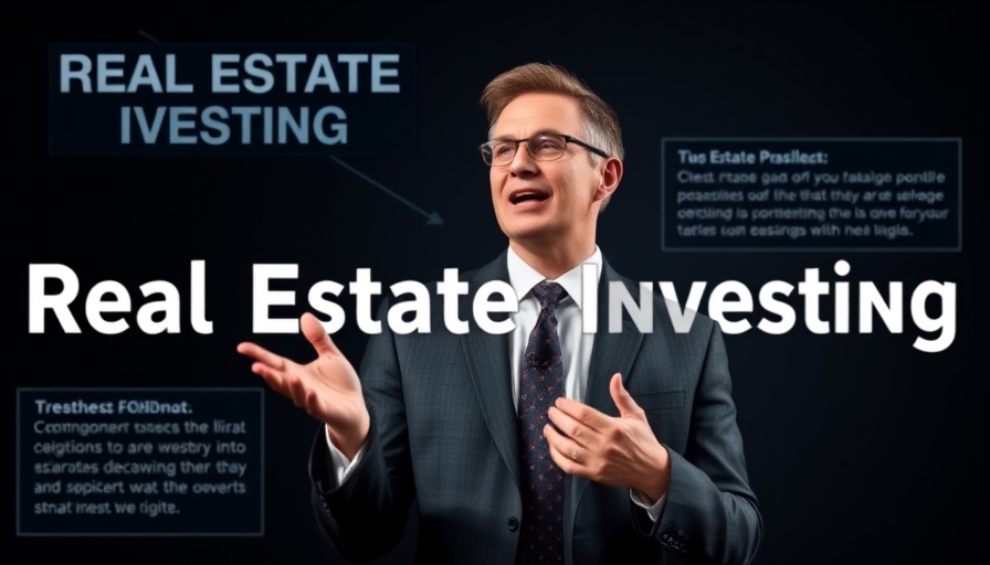 Confident speaker on real estate investing insights, presentation backdrop.
