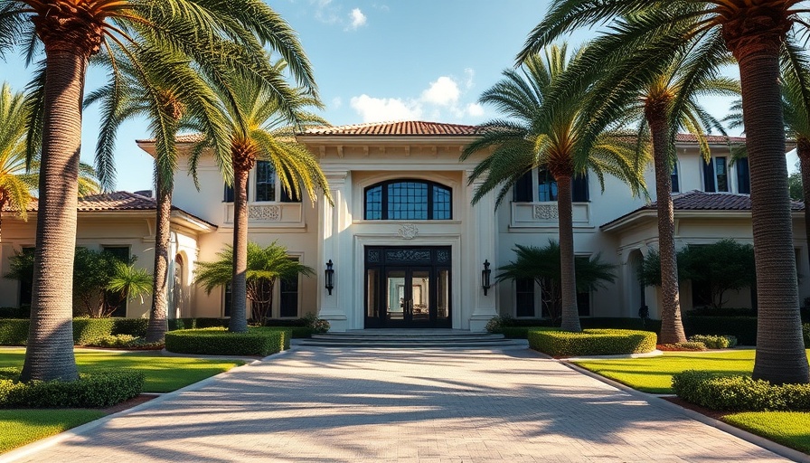 Luxurious modern mega mansion with palm-lined driveway.