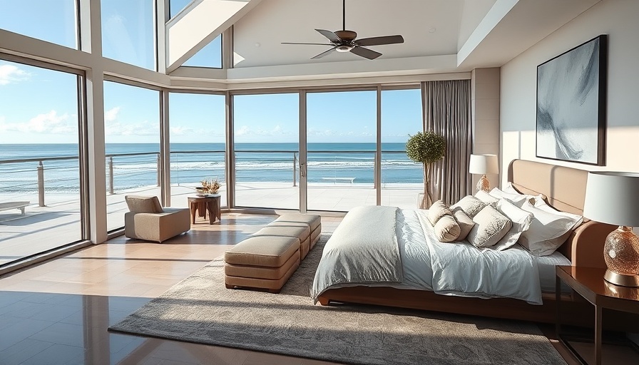 Luxurious beachfront bedroom with ocean view in a home design setting.