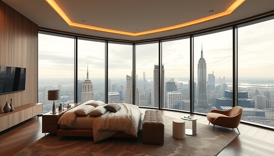 Luxury homes: modern bedroom with city skyline view.