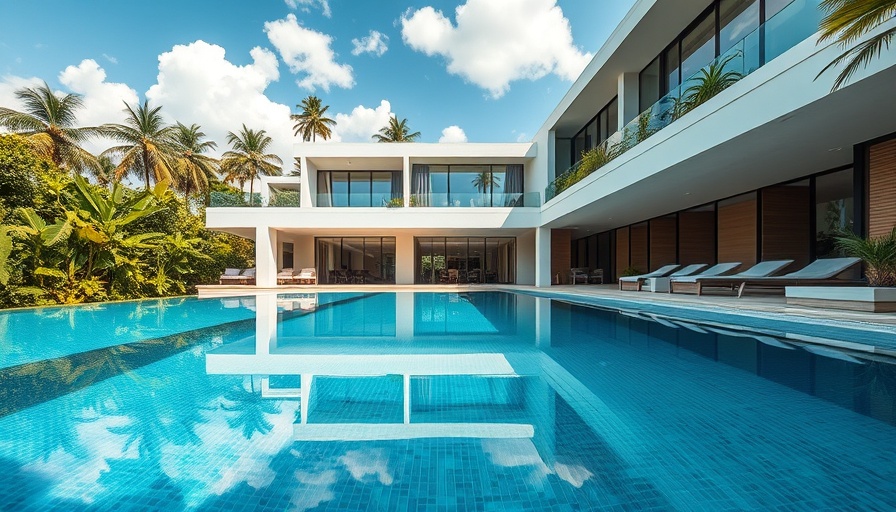 Coral Gables luxury home with pool and tropical background.
