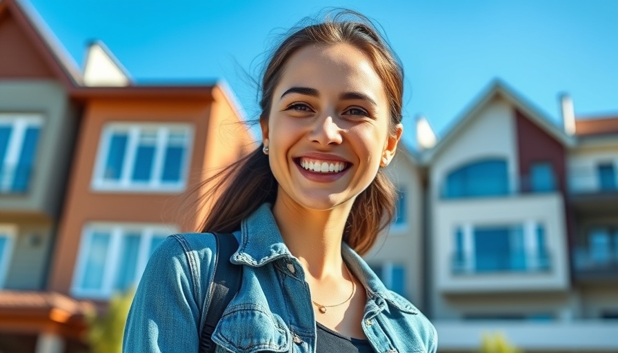 Real estate investing success with confident young woman, modern townhouses.